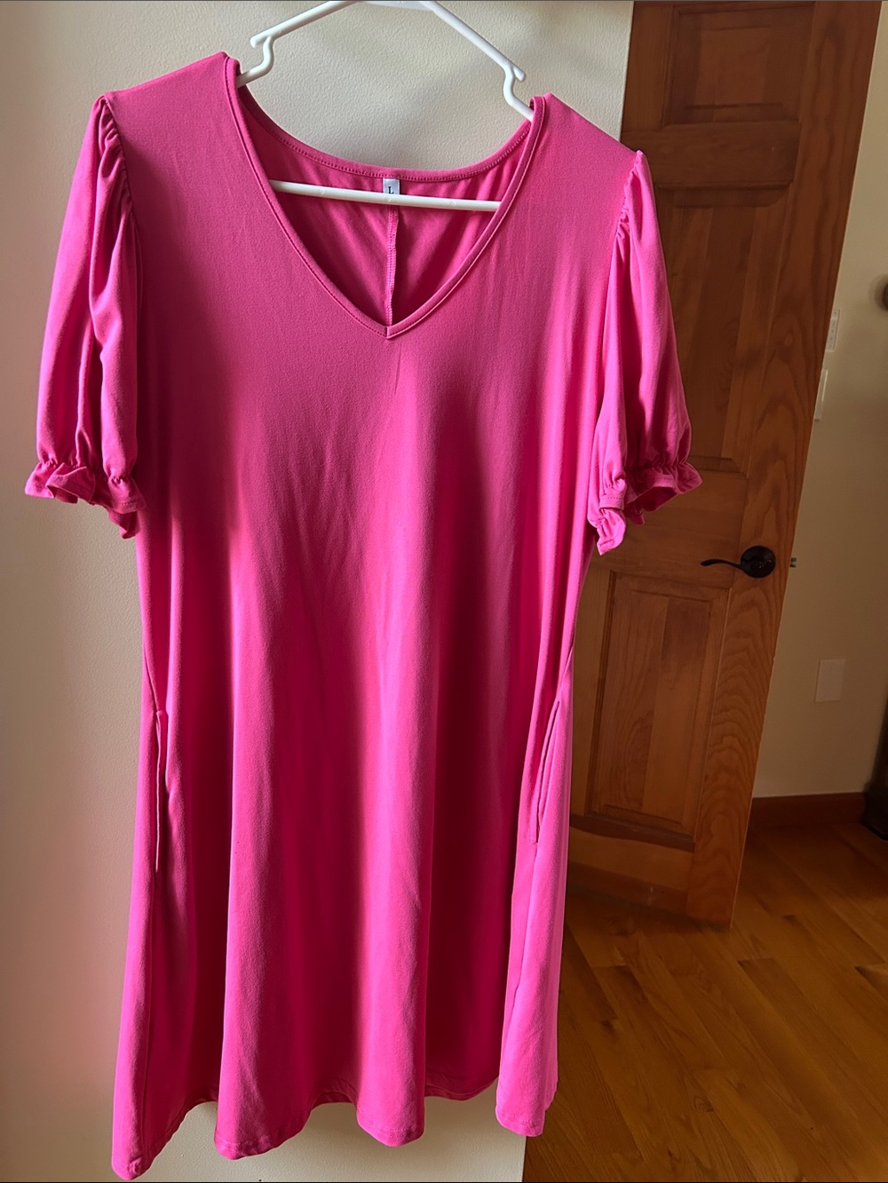 Women’s V-Neck Puff Sleeve Dress - Hot Pink